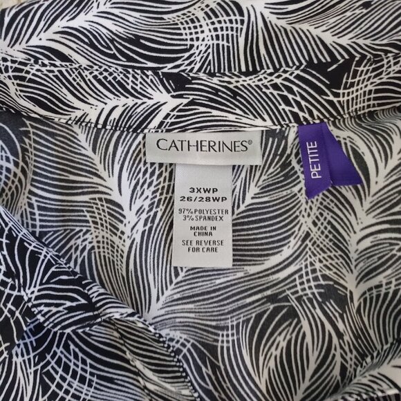Catherines Women’s 3XWP Button Front Blouse Black White Feather Print Plus - Picture 2 of 5